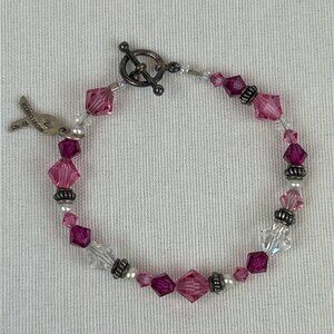 Vintage 925 Sterling Silver Pink Crystal Beaded Breast Cancer Bracelet